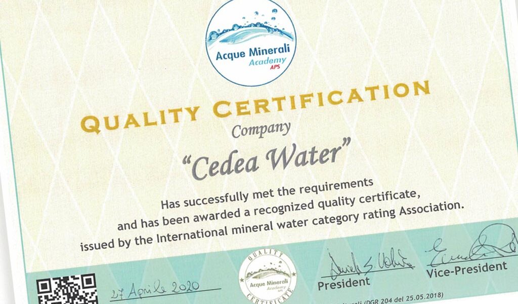 Quality Certification award for Cedea mineral water